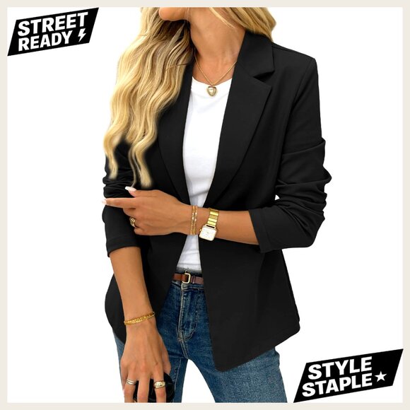 Stretchy Knit Blazer Long Sleeve Open Front Business Casual Office Jacket